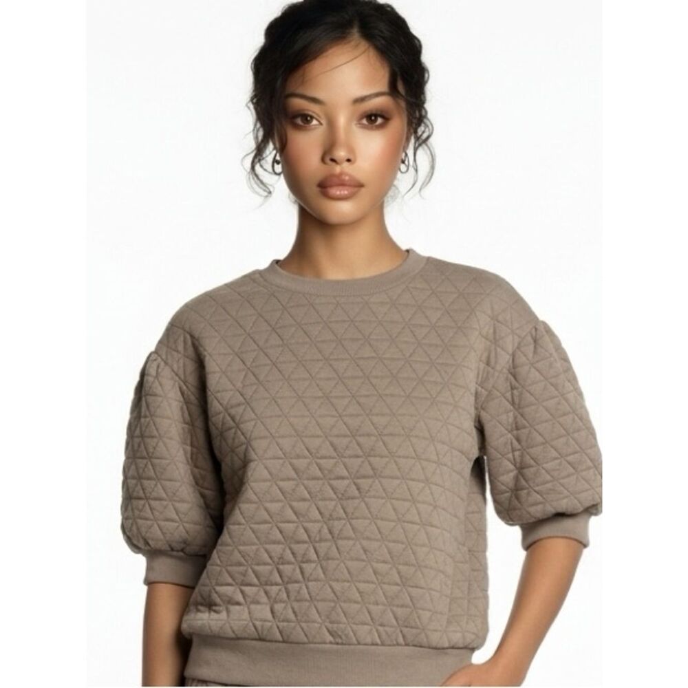 A NEW DAY | Geometric Quilted Tan Puff Sleeve Top Women’s Size Small
